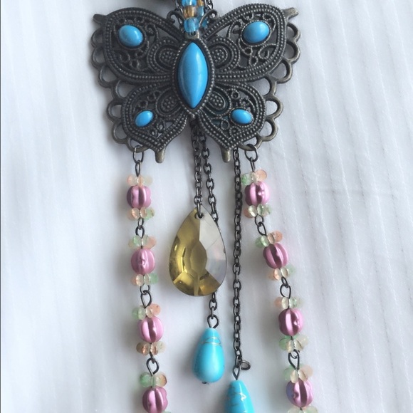 Jewelry - Butterfly Long Boho Necklace With Colored Stones Brand New